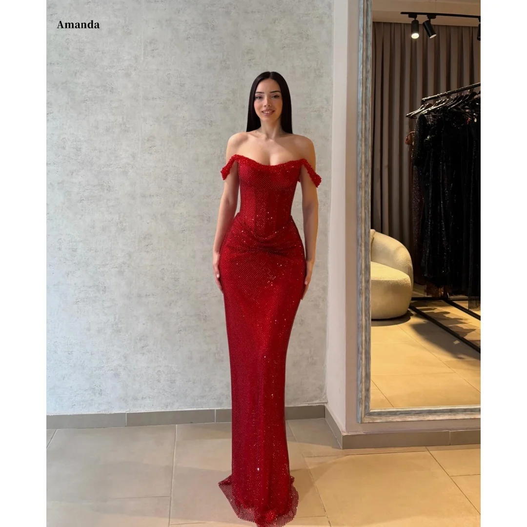 Amanda Customized Robes De Soirée Party Dresses Prom Dress Red Off Shoulder Sequined Mermaid Gown High Split Floor Length Formal