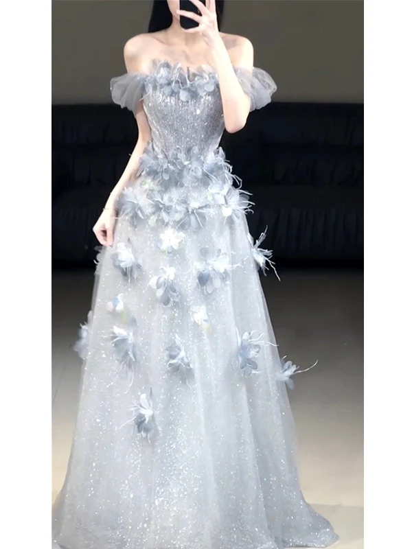 

Элегантное синее бальное платье для свадьбы, вечернее платье на одно плечо, длинное, для помолвки и выпускного вечера, из полиэфирного волокна