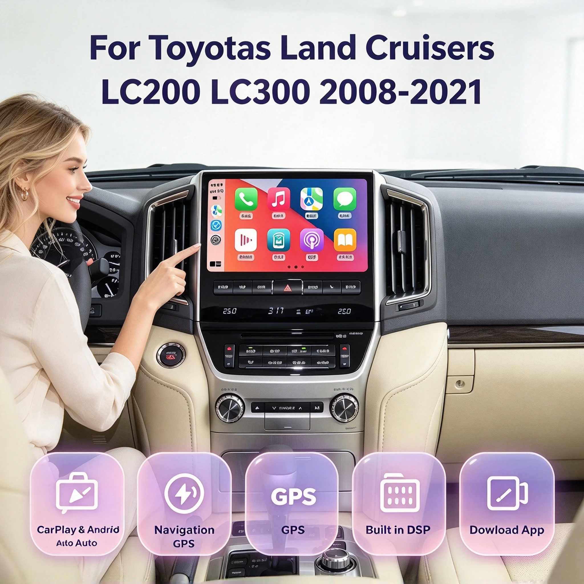 Android 14 10Inch For Toyotas Land Cruisers LC200 LC300 2008-2021 Head Unit Car Interior Upgrade Kits CarPlay GPS Video Player