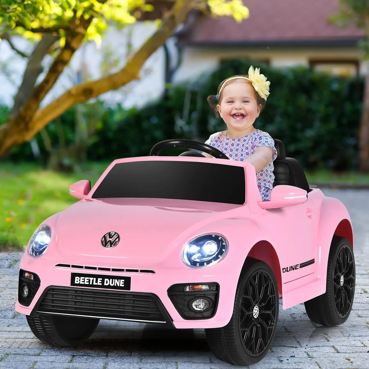 12V Licensed Volkswagen Beetle Ride On Car Battery Powered Vehicle Remote Control Spring Suspension Lights Usb Horn Music 4 Whee