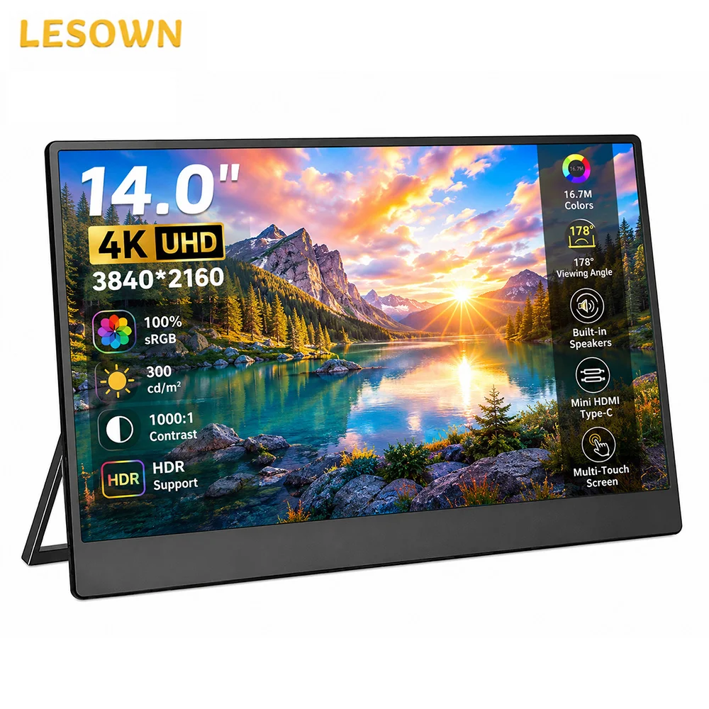LESOWN 4K 14 Inch External Monitor Driverless Mobile Display with Kickstand Mini HDTV for Business Travel