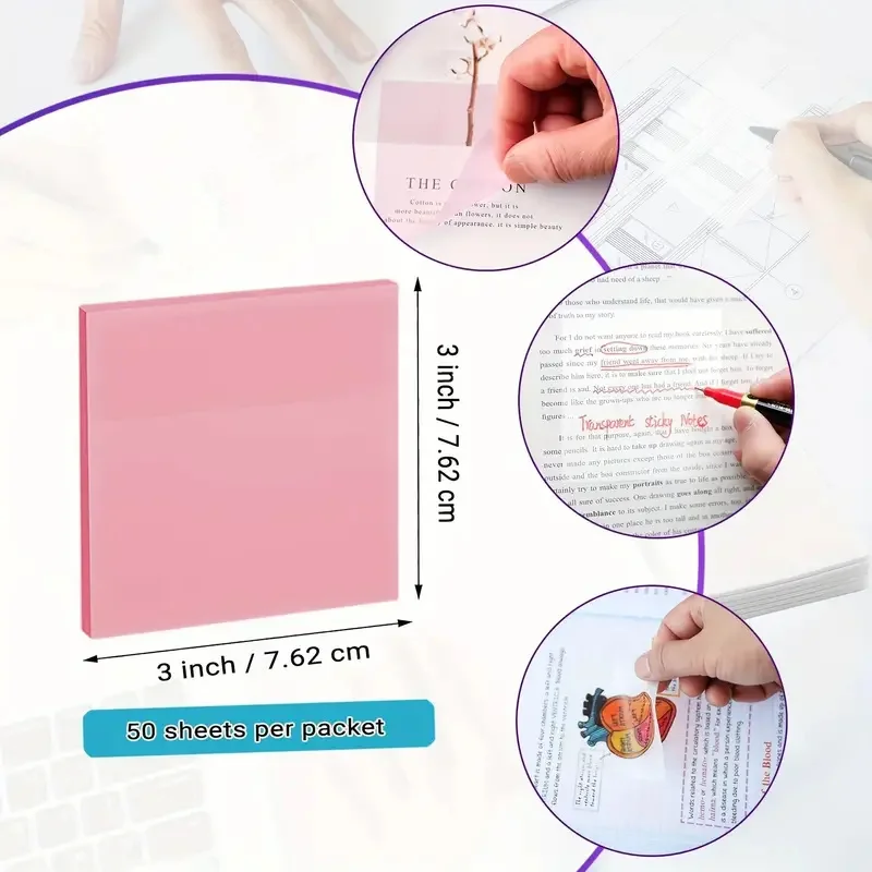 PET Transparent Sticky Note Pads, Multicolor Waterproof Memo Notes, 50 Sheets Self-adhesive Sticky Note for School Office Family