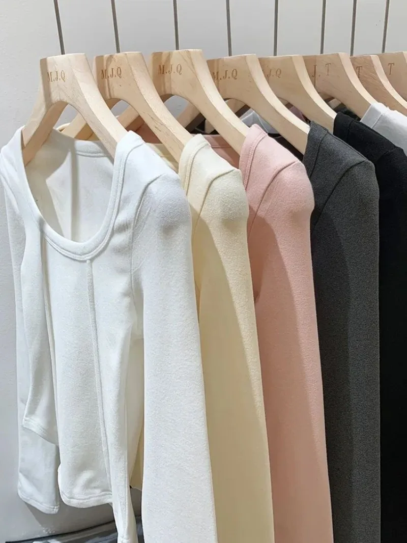 Women's Square Neck Long Sleeve Thermal T-Shirt Thin Velvet Base Shirt Winter Inner Wear Slim Fit Short Top Pullover Top