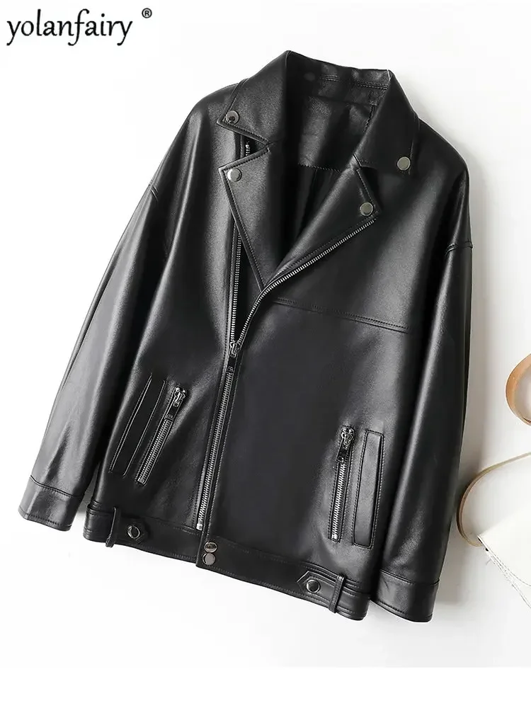 YOLANFAIRY Real Leather Jacket Women High End Sheepskin Coat Women's Casual Leather Windbreaker Coat Genuine Leather Outwear
