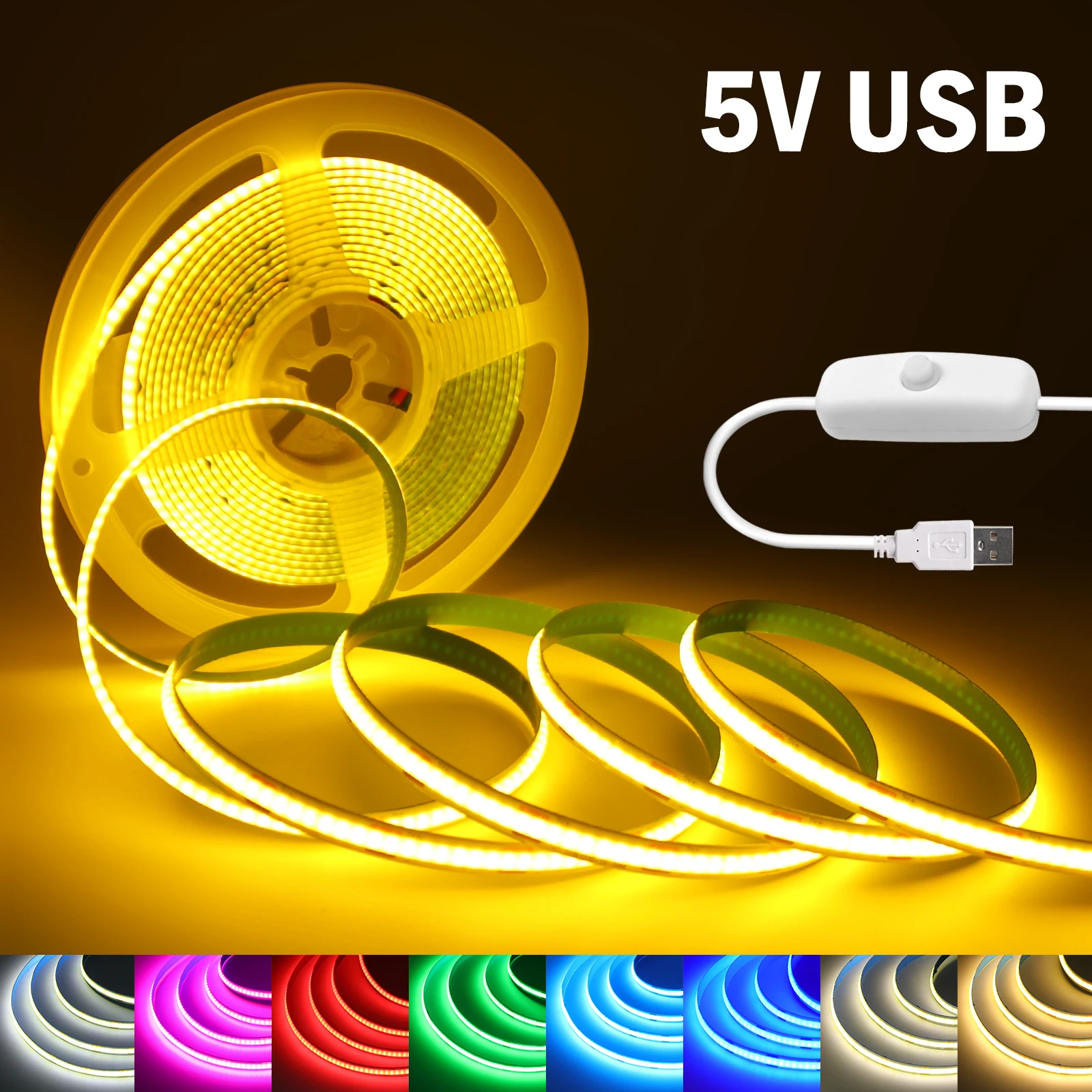 

5 В USB COB Светодиодная лента 320 светодиодов/м Белый Красный Зеленый Синий Желтый Розовый Гибкая лента для ТВ Зеркало Подсветка Лампа для кухонного шкафа