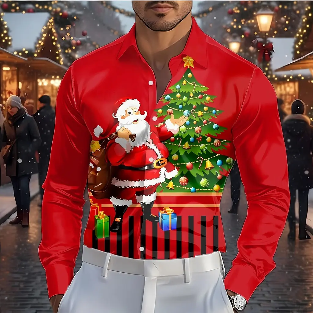 Christmas Men's Santa Claus Snowflake Christmas Baubles Shirt Dress Shirt Long Sleeve Fashion Casual Outdoor Holiday Spring Fall
