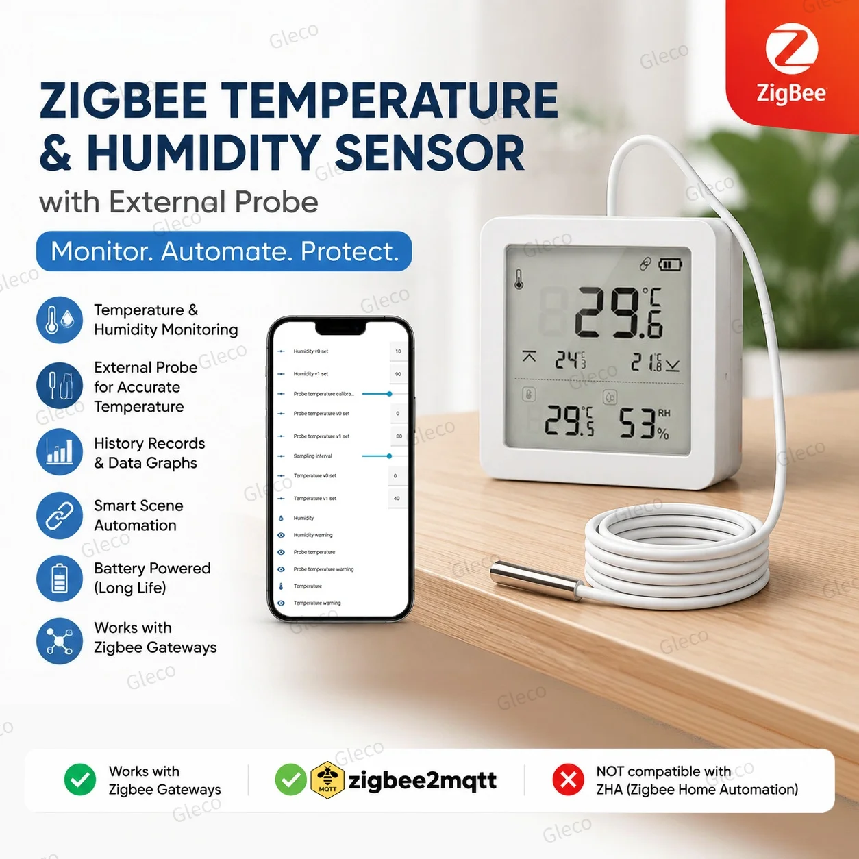 Zigbee Temperature Humidity Meters Optional With Probe LCD Digital Display Thermometer Hygrometer For Pool Fridge Freezer MQTT
