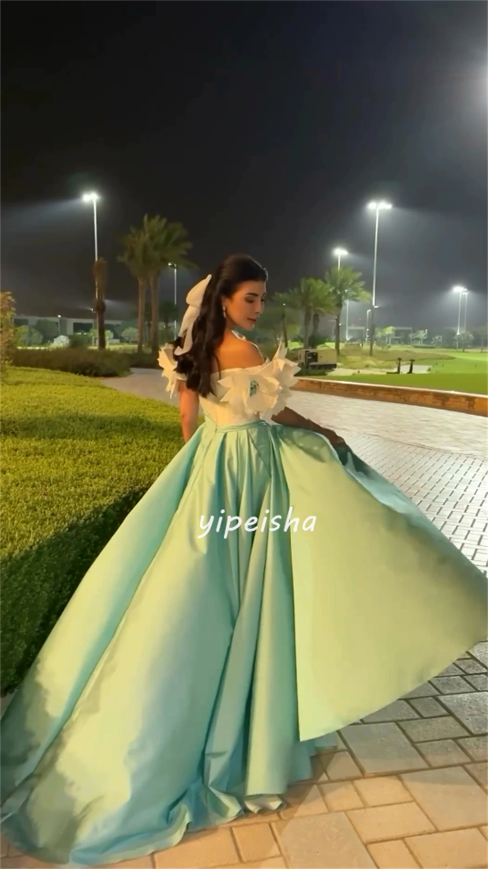 CustomizedMatching Satin Sequined Pearl Flower Ruched A-line Off-the-shoulder Long Dresses Homecoming Dresses Classic Exquisite