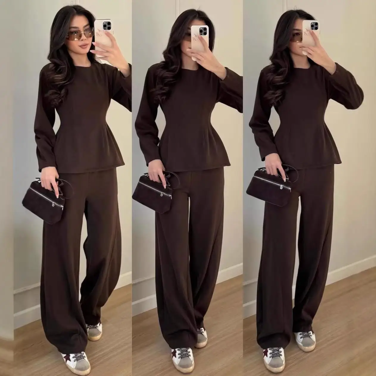 Casual Fashion Long Sleeve Wide Leg Pants Sporty Pocket Detail Simple Design Women's Cross-Border Apparel 2026 Style