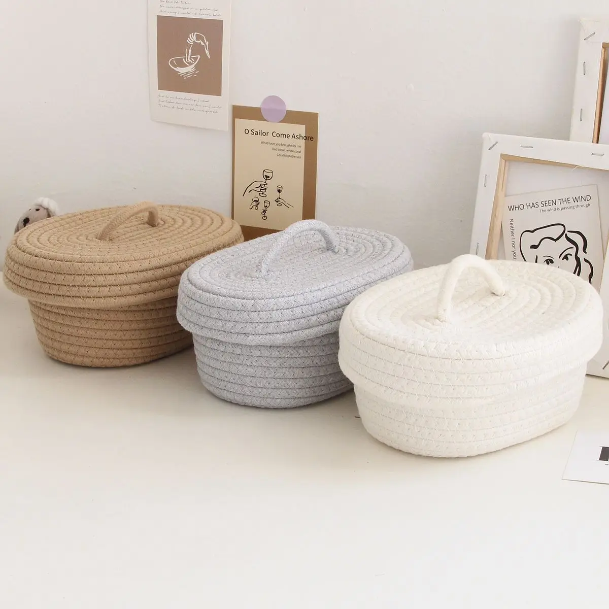 

Cotton Rope Storage Baskets with Cover, Desktop Organizer, Remote Control Toy, Key Gadgets, Cosmetics, Solid Color