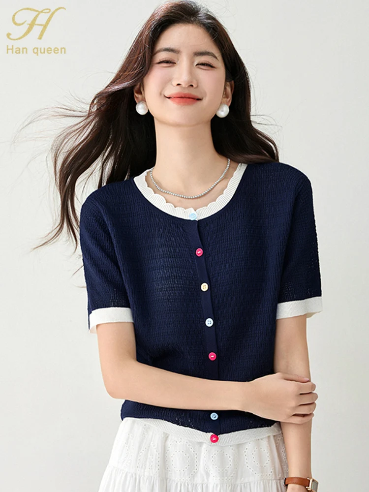 

H Han Queen Summer Sweater Color Blocking Women Cardigan Short Sleeve Loose Casual Knitted Top Korean Reviews Many Girls Clothes