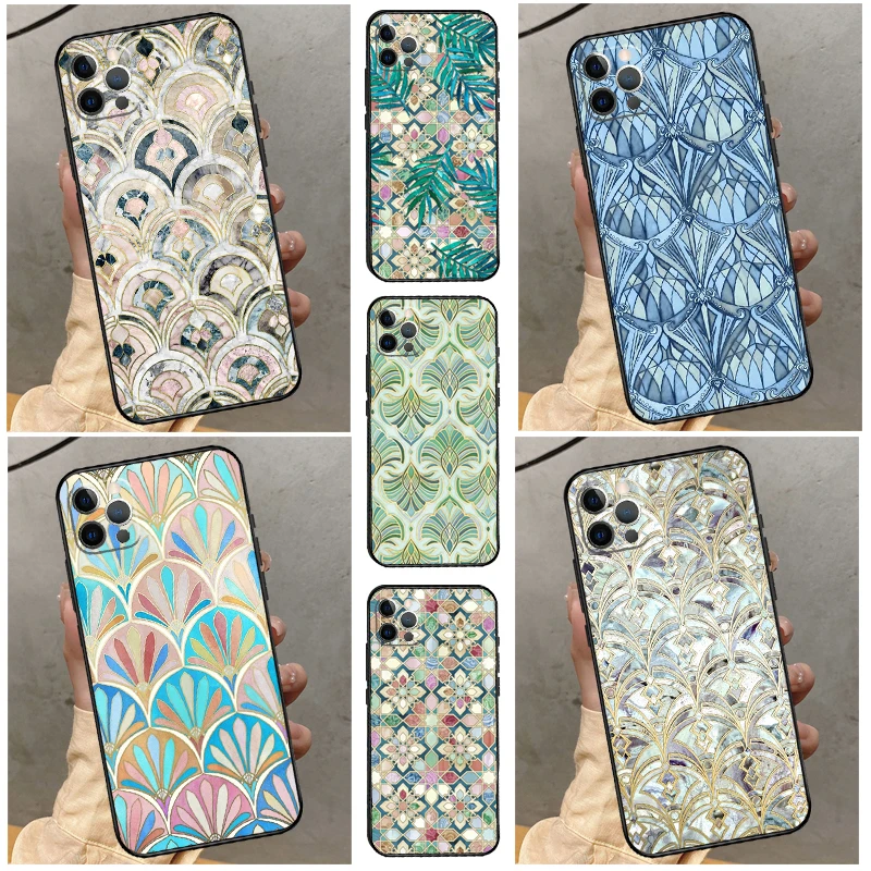 كتم البلاط المغربي فسيفساء جراب هاتف آيفون 16 14 13 12 11 15 برو ماكس 12 13 mini XR 15 16 Plus 16e غطاء الوفير