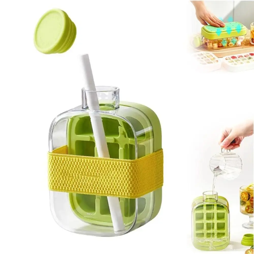 

Unique 2 in 1 Ice Cube Water Bottle Silicone 12/18 Grids Ice Cube Kettle Creative with Straw&Belt Ice Maker Cocktail