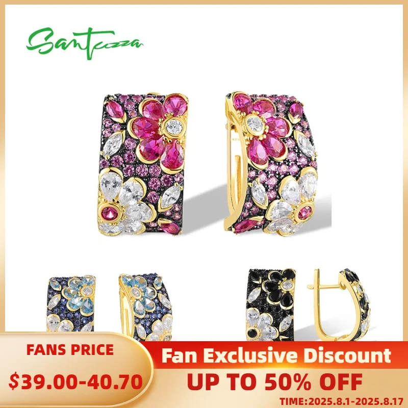 

SANTUZZA 925 Sterling Silver Earrings For Women Sparkling Black / Red/Blue Spinel Multicolored Flower Wedding Gifts Fine Jewelry
