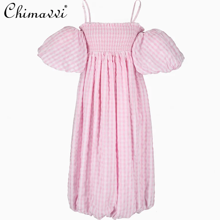 

Japanese Sweet Girl Plaid Off-Shoulder Puff Short Sleeve Balloon Dress 2025 New Super Fairy Cute Loose Long Princess Dress