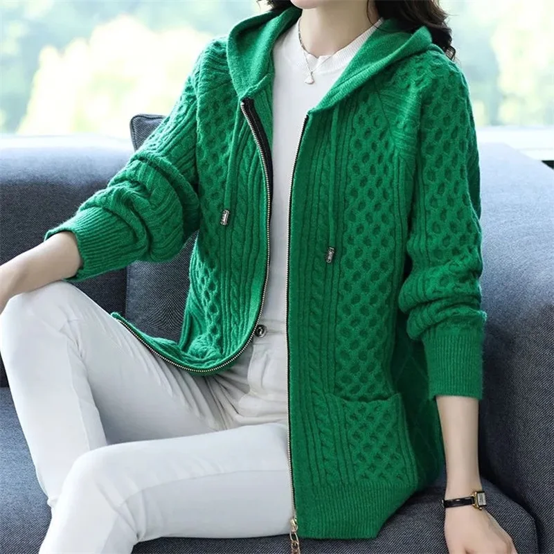 2023 New Zipper Hoody Sweater Women\'s Spring Wear Knitted Cardigan Women\'s Short Sweater Coat Loose Large Female\'s Knitwear Coat