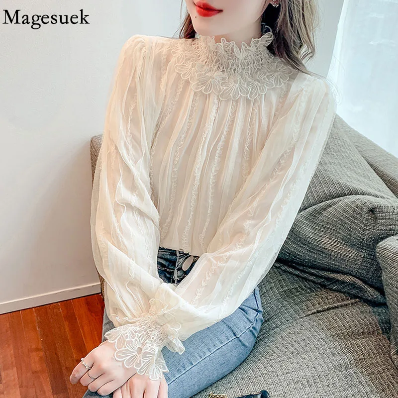 Sweet Ruffles Stand Collar Lace Shirt Fashion Pleated Chiffon Blouse Women New Long Petal Sleeve Tops Loose Clothes Blusas 23028