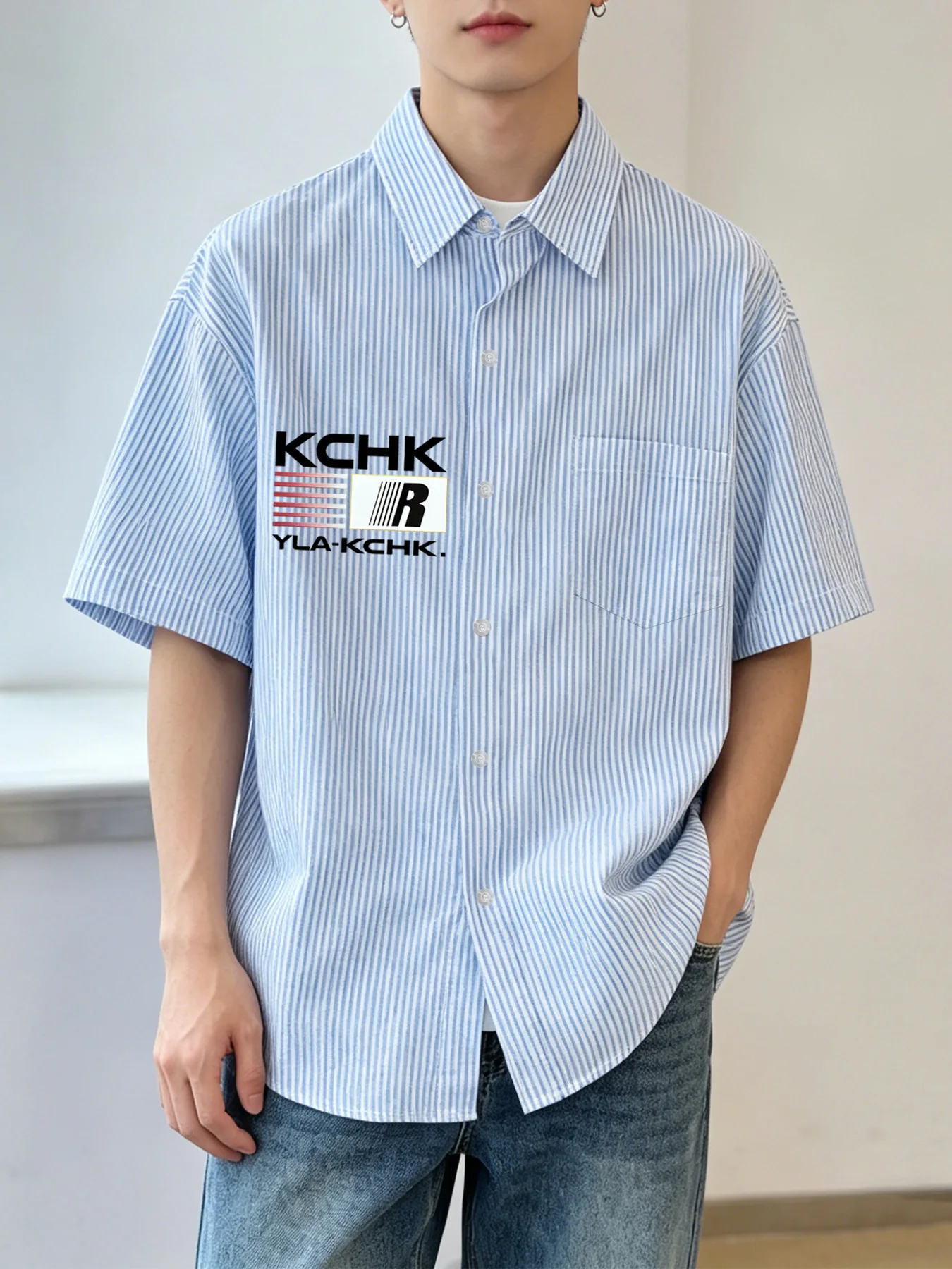 Summer Trendy Fashion Men's Shirt: Edgy-Chic Retro Letter Design Print, Short-Sleeved, Thin-Striped, Loose-Fitting