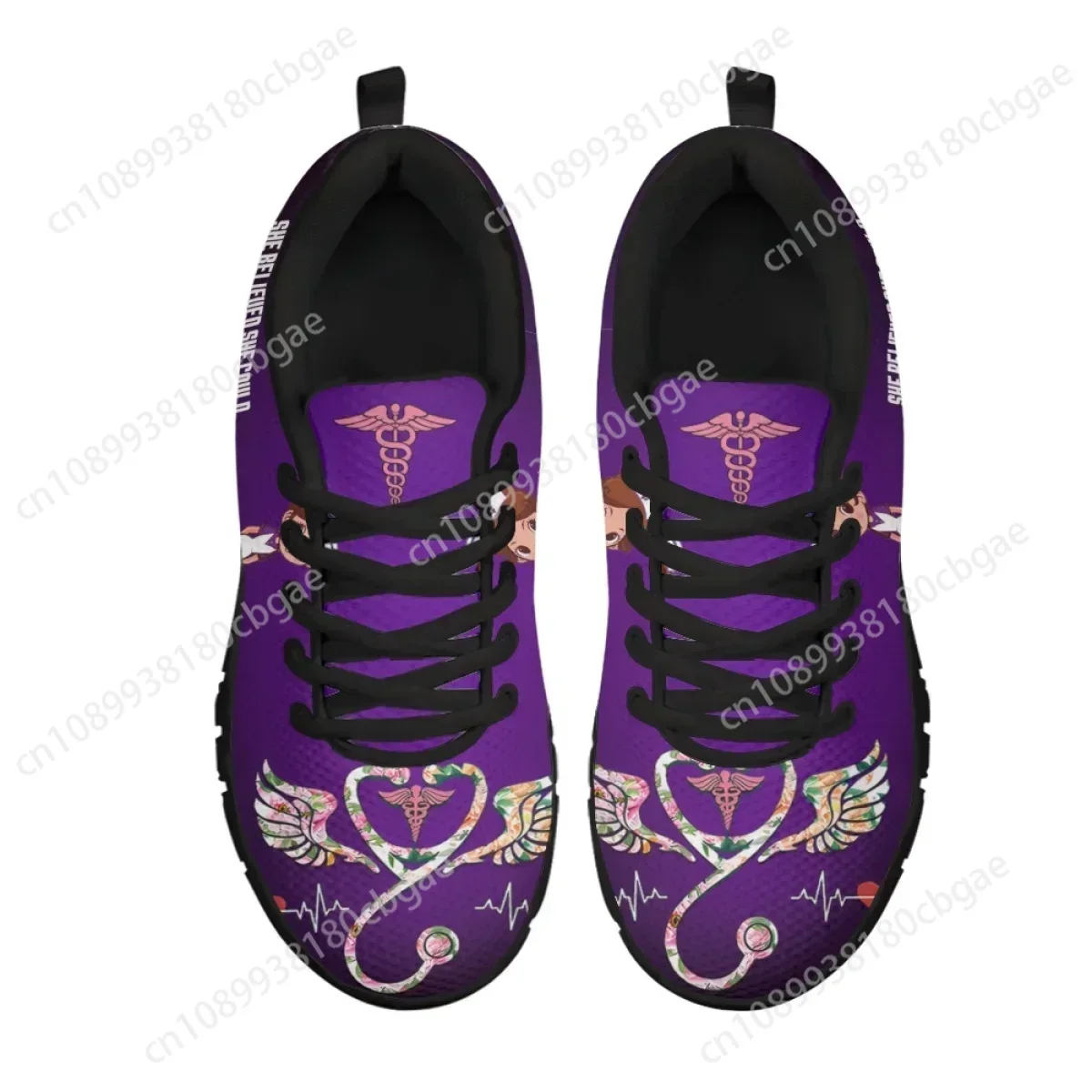 

Hot Kawaii Nurse Girls Medical Assistance Purple Pattern Lightweight Flat Shoes for Women Casual Nurse Sneakers Custom