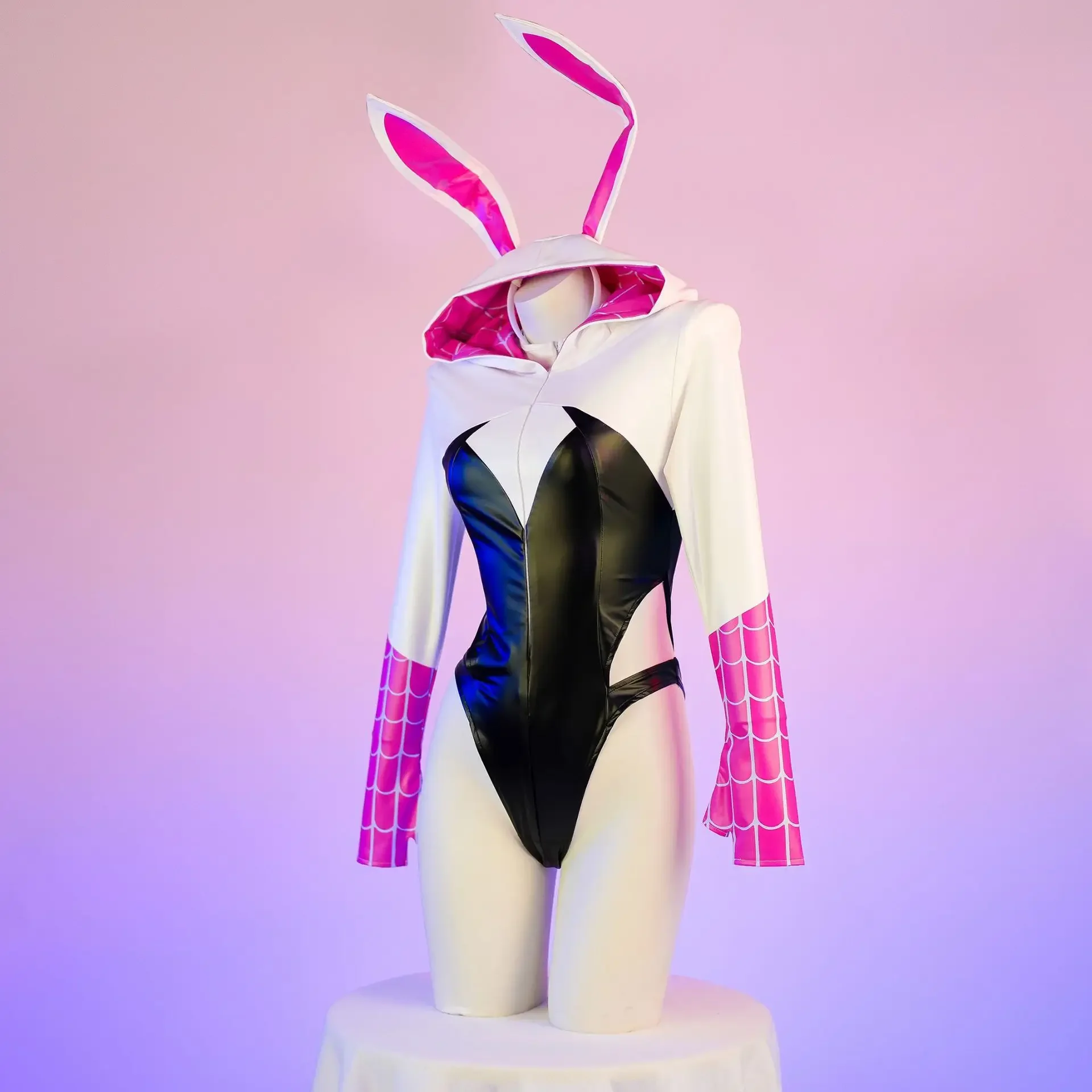 Anime Spider Gwen Women Bunny Hooded Jumpsuit Movie Comic Role Play Long Sleeve Leather Bodysuit Cosplay Costume