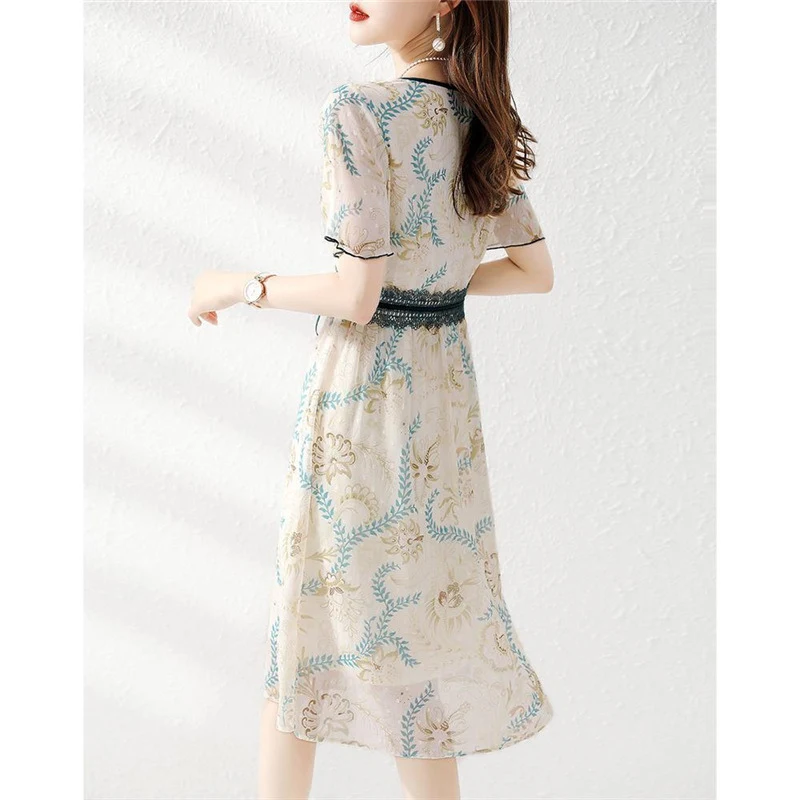 2022 Summer Fashion Korean Elegant V Neck Short Sleeve Lace Patchwork Slim Dresses for Women Chic Sweet Tunic Midi Dress Vestido