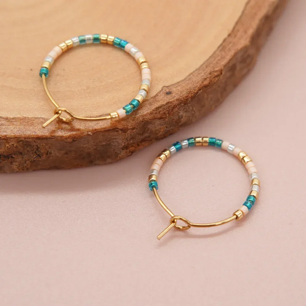 

Beaded earrings Circle Rainbow Colour Hand knitting Bohemia Alloy Fashion Simple Rice bead earrings