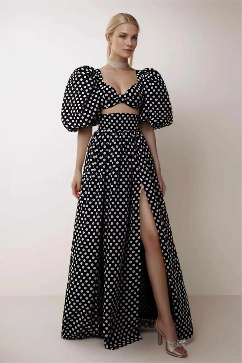 

Cropped Short Sleeves Square Neck Top Slit High Waist Midi Skirt 2024 Female Summer Polka Dots Printed Suit Vintage Suit