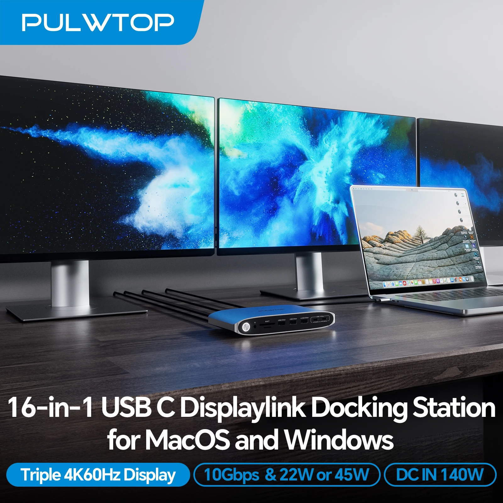 PULWTOP DisplayLink Triple Monitor Docking Station, 140W, 4K@60Hz, USB-C/USB 3.0, Windows/Mac M1-M3, 3 HDMI & 2 DP, 5 USB-C/A