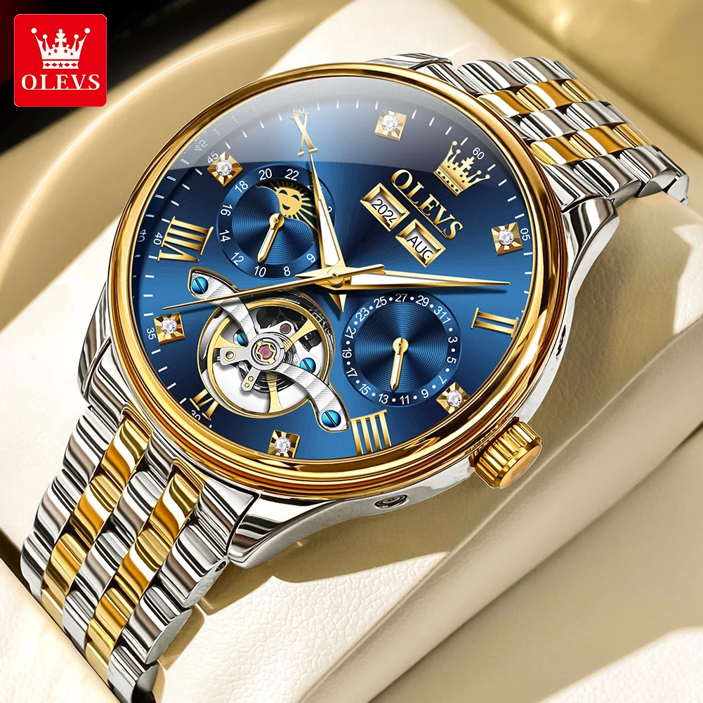 

Olevs Men Automatic Mechanical Business Wristwatch Blue Dial Stainles Steel Strap Relógio Masculino Waterproof Watches For Man