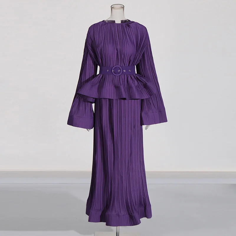 EAEOVNI Elegante design a pieghe Set da 2 pezzi Donna Manica svasata Cintura in vita Camicetta + Gonna lunga Moda 2025 Nuovi vestiti 1A1004