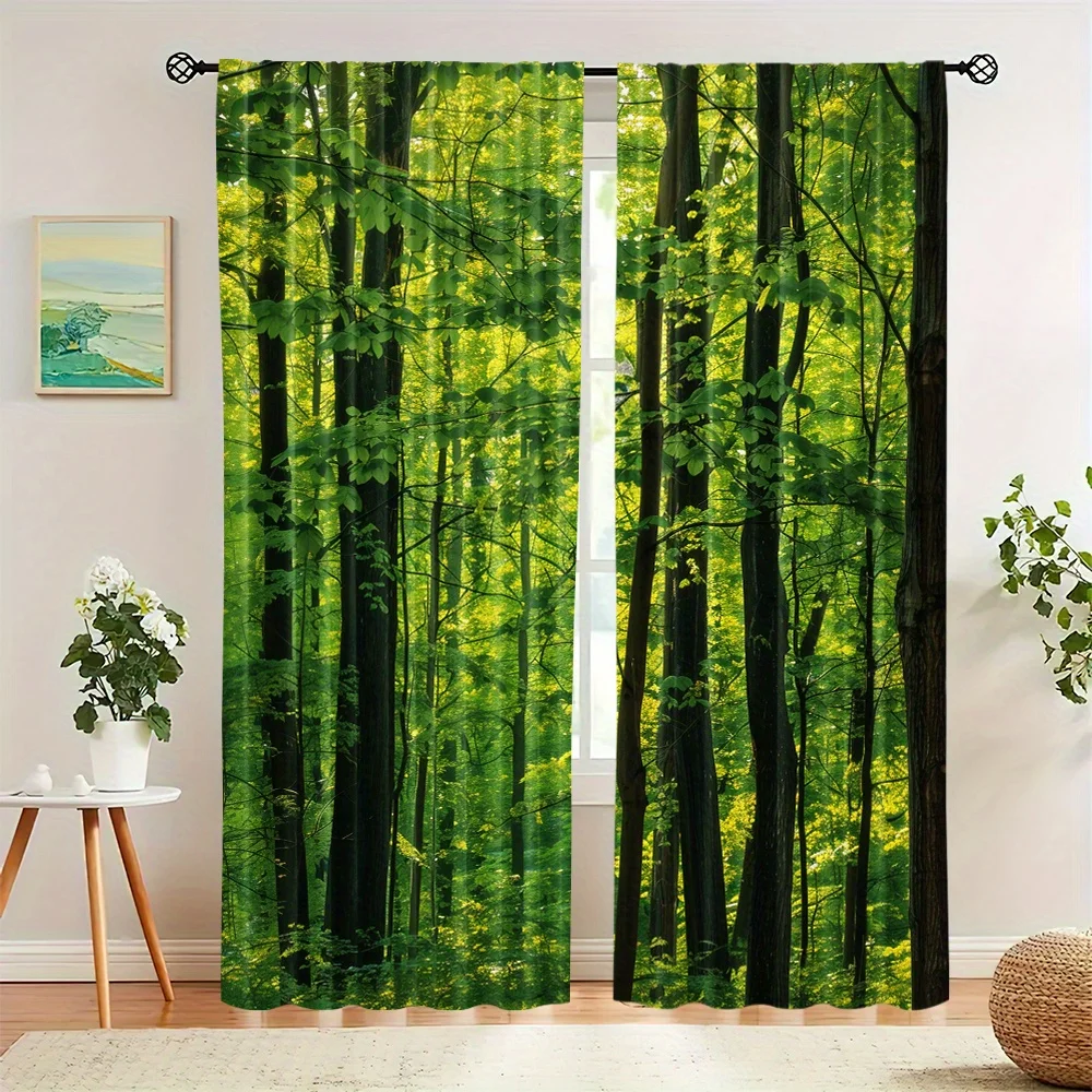 

2Pcs Forest Scenery Landscape Curtains Art Deco Drapes Rod Pocket Hanging Thermal Insulated Long Panel Set for Bedroom Living