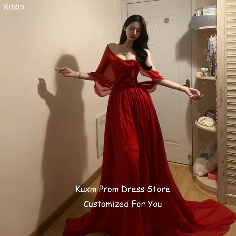 Kuxm Burgundy Chiffon A Line Evening Dresses Women Square Collar Prom Gowns Floor Length Off The Shoulder Dress Customized
