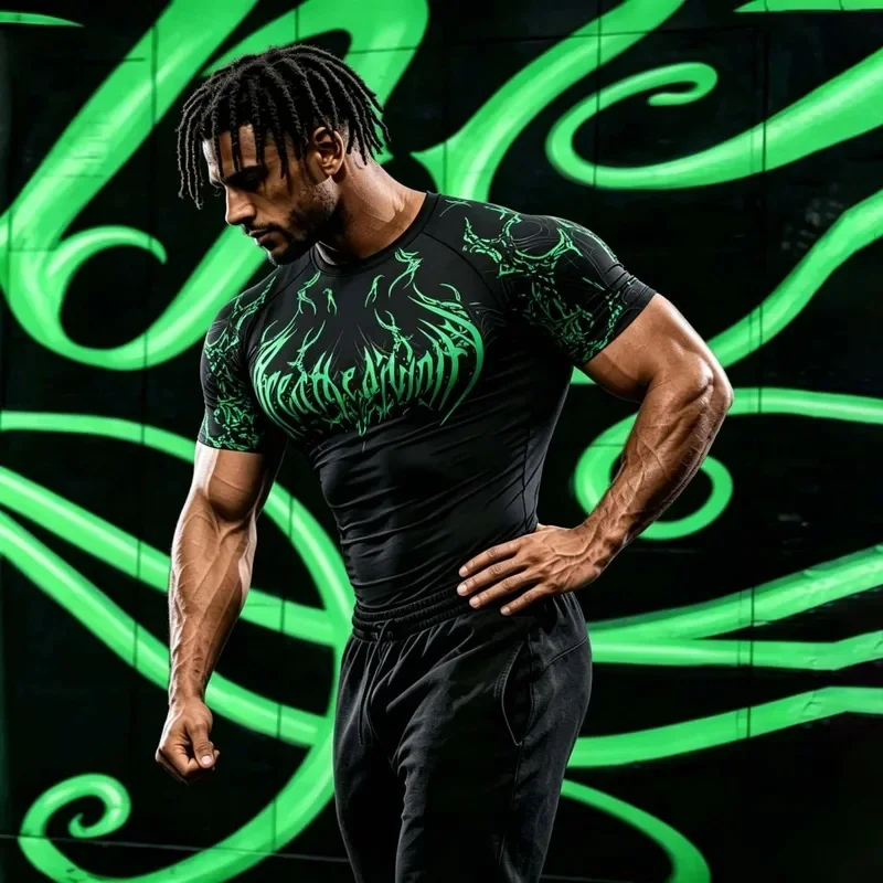Men's Compression Sports Tshirt 2026 New Gothic Contrast Studded Short Sleeve Lightweight for Training Running Gym