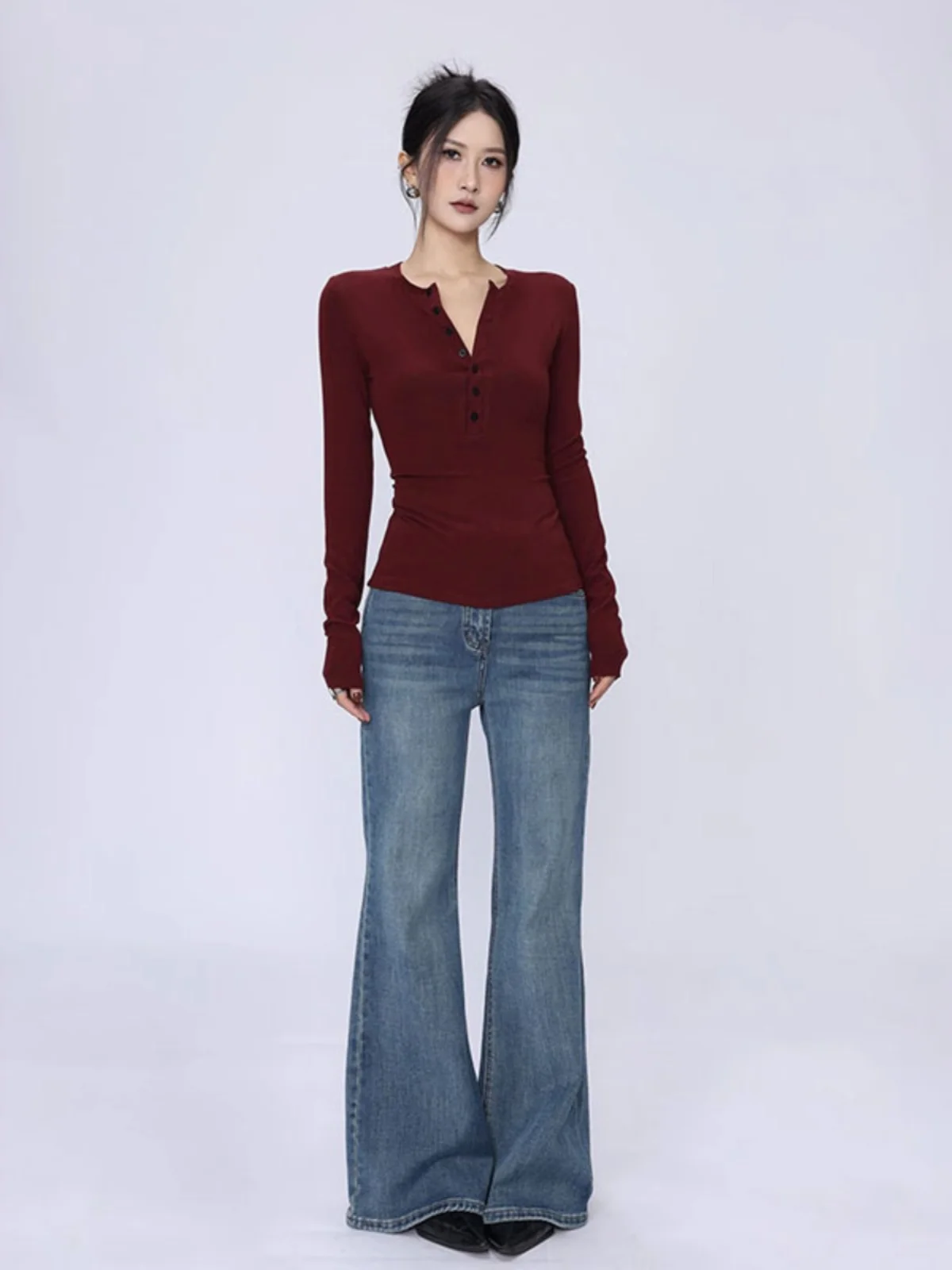 Ankgor Red Long Sleeve Half Open Collar Slim Fit Women's T-shirt Inner Wear Base Shirt Waist Cinched Shoulder Width Correct A...