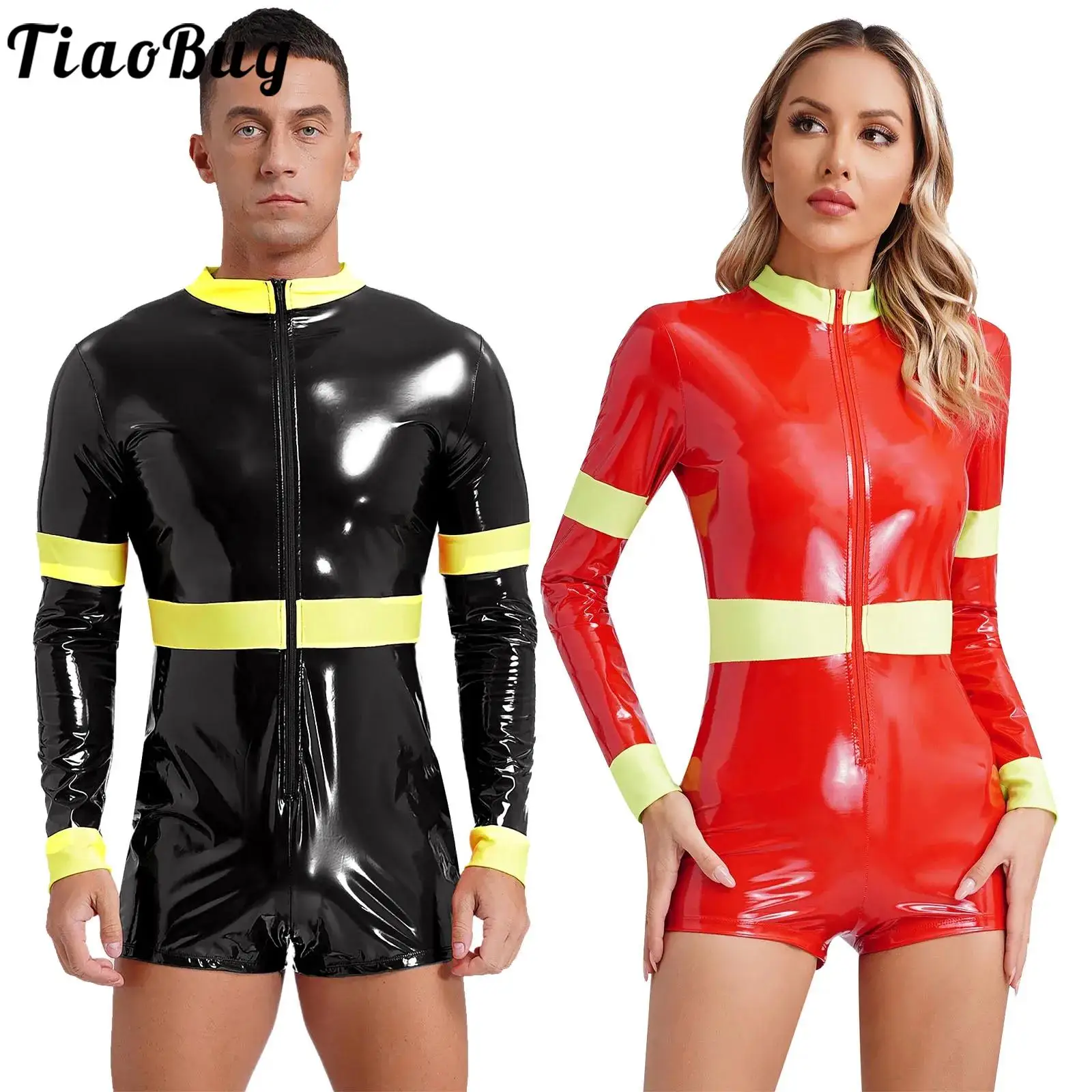 

Men Women Firefighter Cosplay Suit Sexy Patent Leather Jumpsuit Fire Captain Role Play Long Sleeve Bodysuit Rompers Clubwear