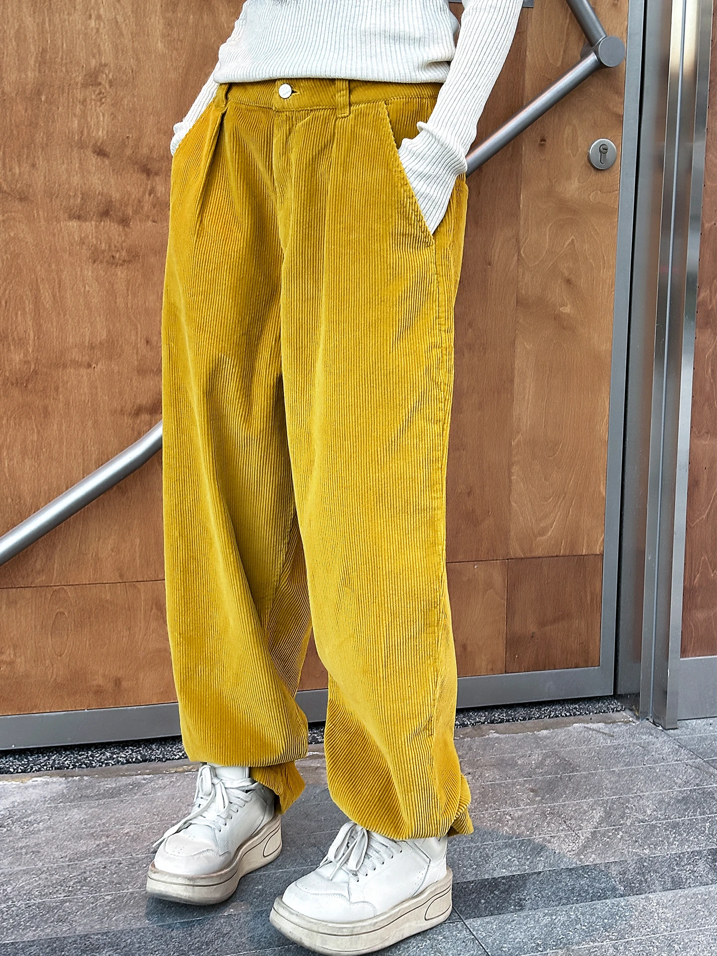 

Желтые вельветовые брюки прямого кроя, женские свободные брюки с широкими штанинами, повседневные брюки с высокой талией, осенне-зимняя модная женская одежда