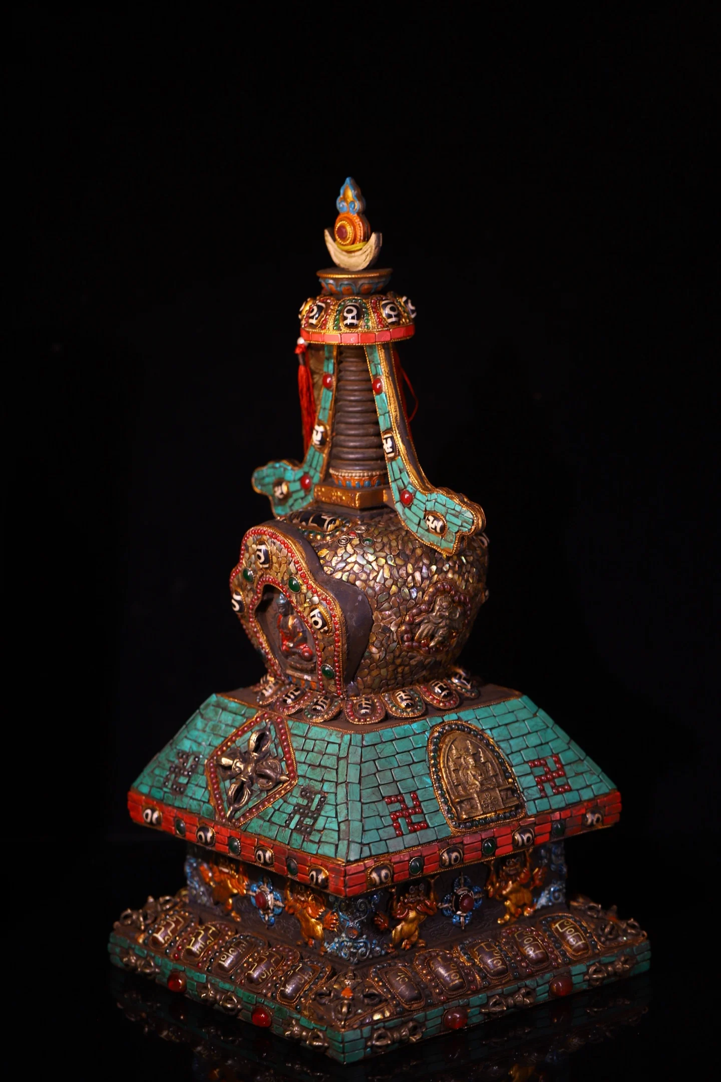 Old Lima Copper Mosaic Gem gZi Beads Turquoise Shakyamuni Buddha Pagoda Kirin Pattern Relic Pagoda Amitabha Worship Hall