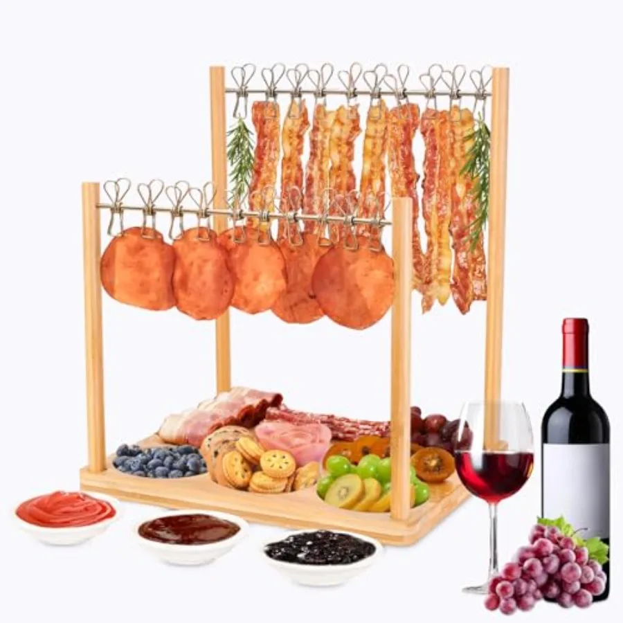 

Bacon Display Clothesline Serving Tray Rack for Smoking and Serving Bamboo Double Bacon Hanging Holder with 3 Dipping Bowls Ide