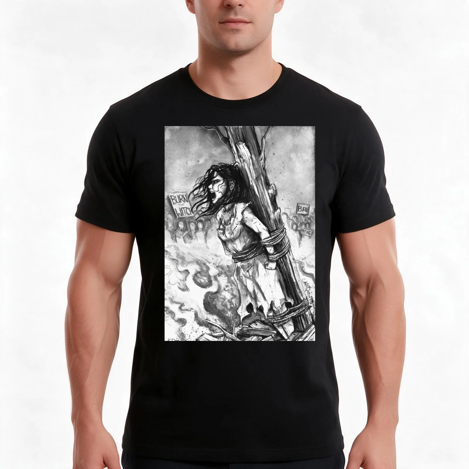 Witch Burning T-Shirt, Summer Casual Cotton Tee, Oversized Streetwear Tops, Vintage Graphic Print, Loose Fit Short Sleeve