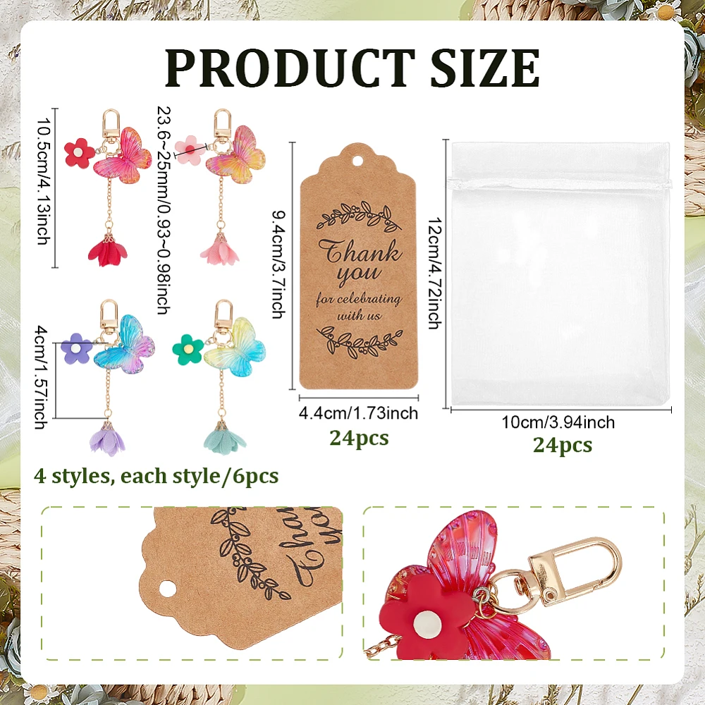 24 Sets Butterfly Party Favors 4 Colors Colorful Butterflies Keyring Organza Gift Bags Guest Return Favors with Thank You Tags