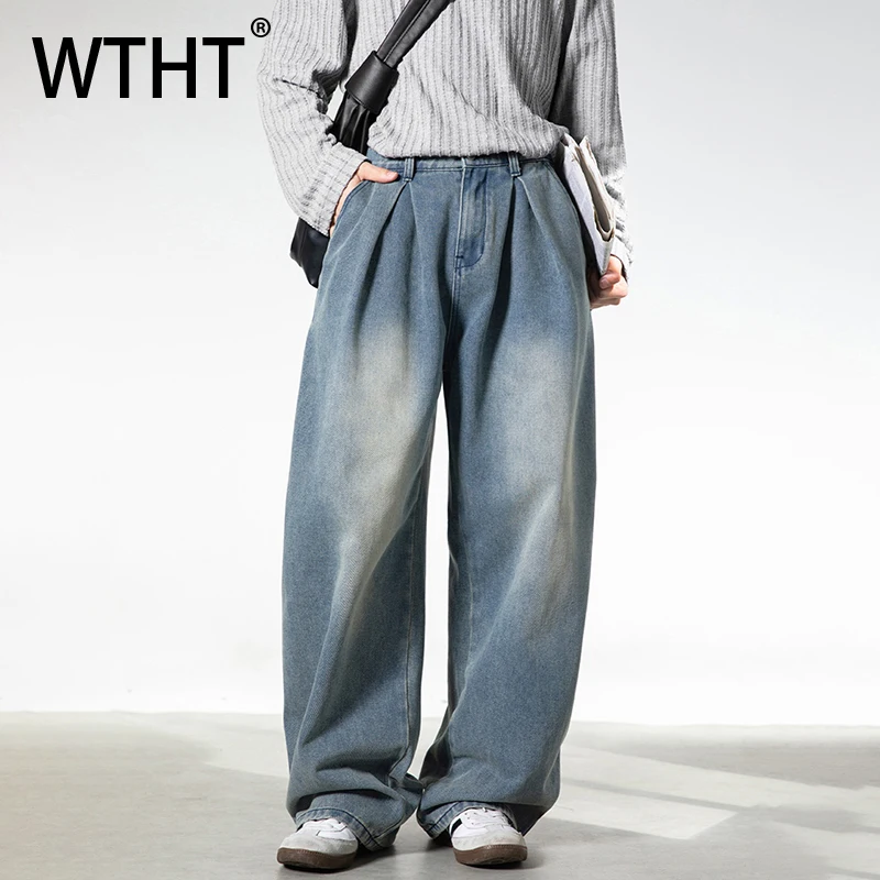 

WTHT Vintage 2026 Spring Men's Do Old Pleated Design Denim Pants Fashion Trendy American Style Wide Leg Loose Jeans Male 2A2694
