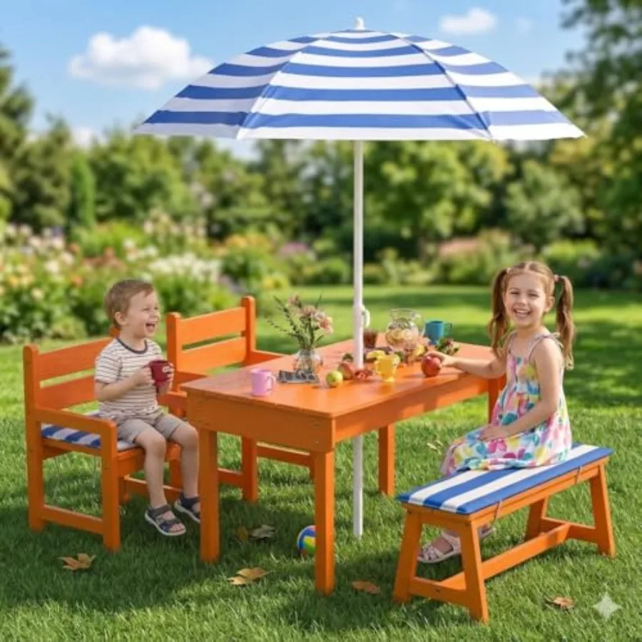 Picnic Table for Indoor Outdoor Play, Wooden Sand and Water Play Table, Natural Wood Color with Blue Umbrella, Large Size with