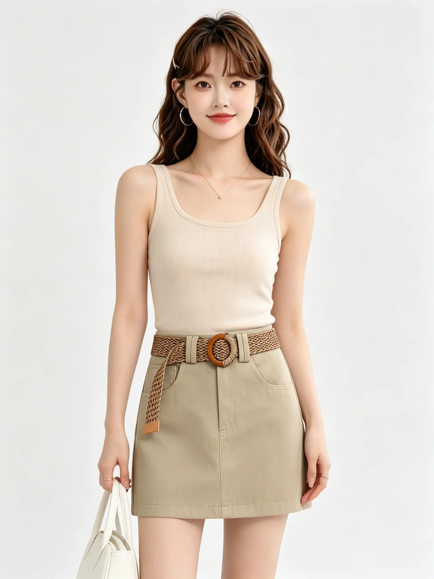 Khaki Simple Korean Style Commute Versatile Wrap around  Skirt Slimming Summer Casual Anti-Light Short Skirt