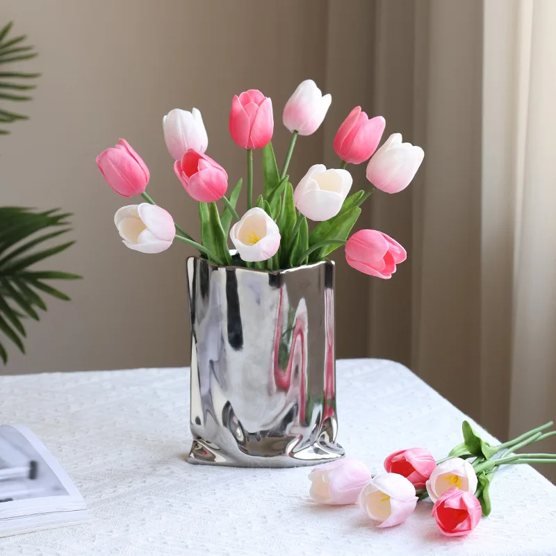 20Pcs Simulation Pu Feel Opening Tulip Artificial Flowers Weddding Bridal Bouquet Home Party Table Decoration Floral Fake Tulips