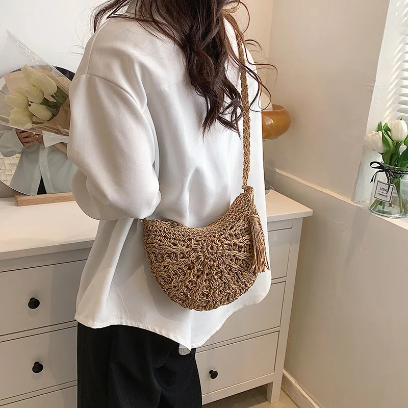 Mode Halbkreis Stroh Gewebt Schulter Umhängetasche Reise Kleine Handtasche Damen Sommer Handgemachte Rattan Quaste Design Strand Tasche – Detail 11