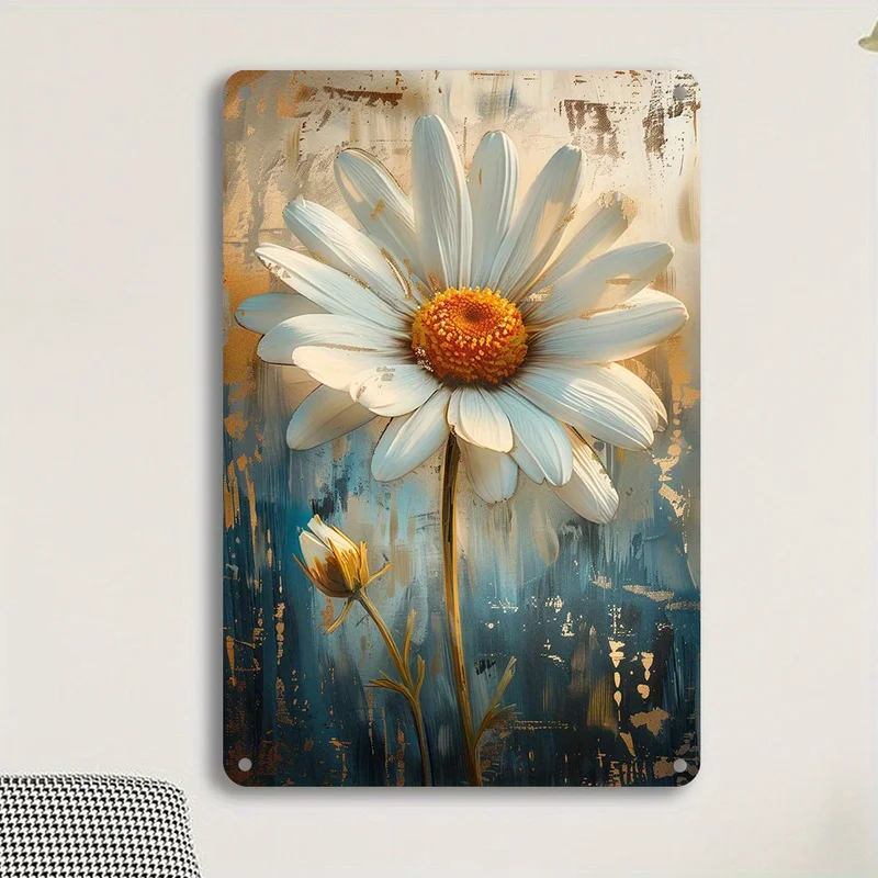 2D Flat 1Pcs Vintage Metal Tin Sign Wall Plaque, White Daisy Decor Sign With Country Blue Yellow Design & Old Brick Background,
