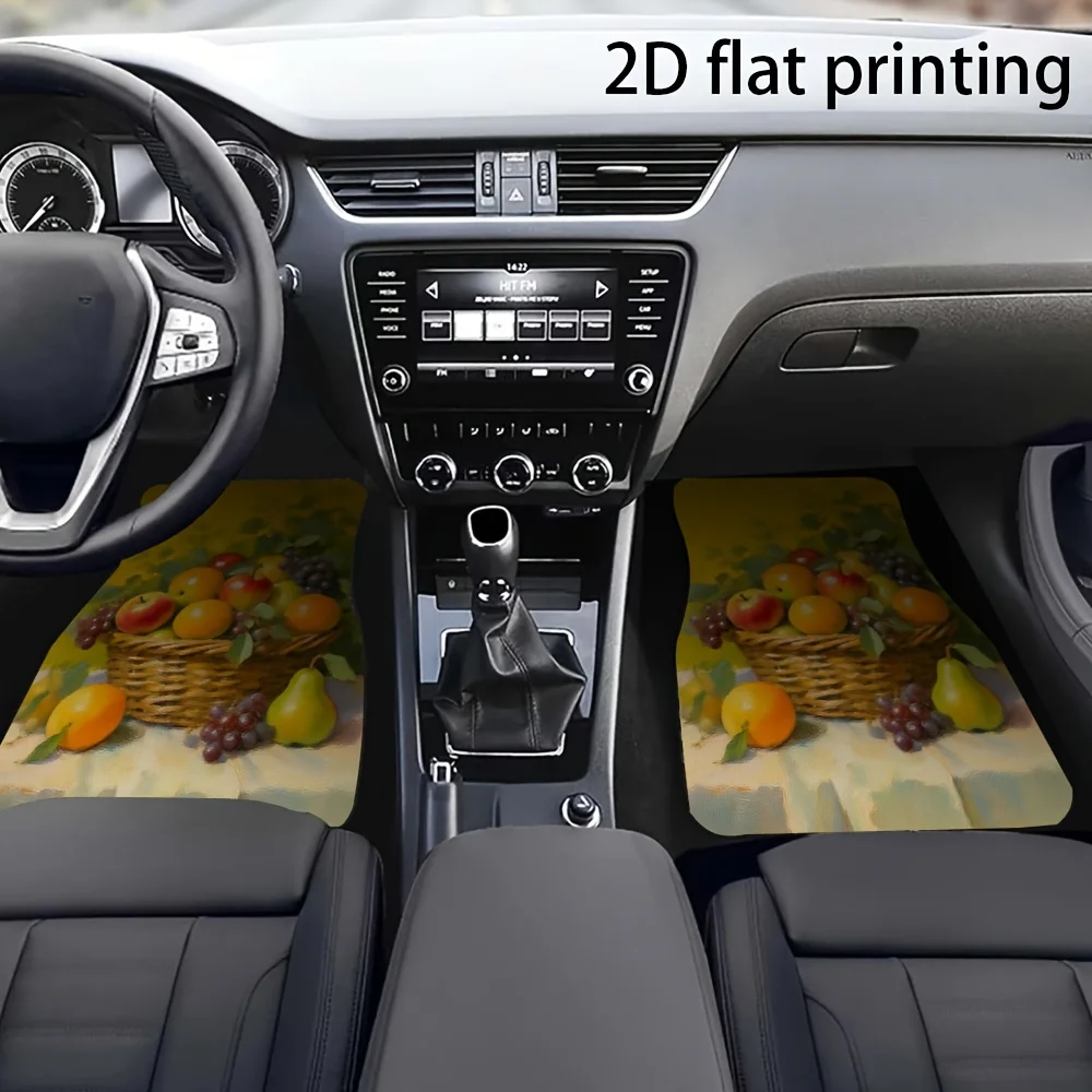 4pcs Car Floor Mats, Yellow Background Fruit Basket Pattern, Material, Universal Vehicle Ground Mat, Washable, Auto Decoration A