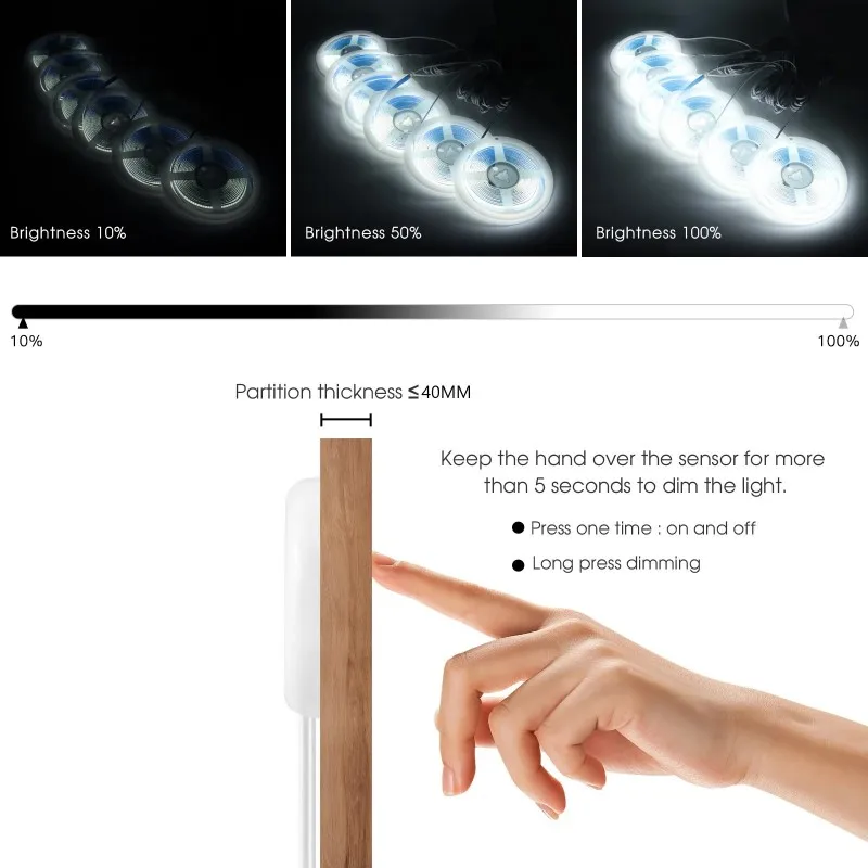 Can Penetrate 40MM Thick Wood Board 5V USB COB LED Light Strip Set Hidden Installation Suitable for Cabinet Lighting