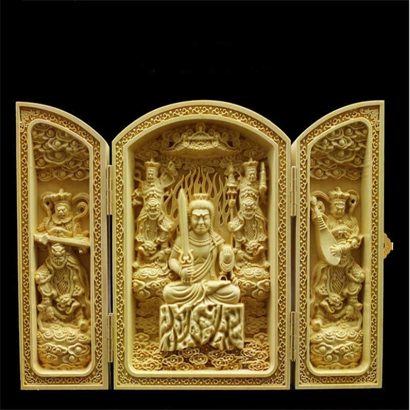 

Китайская искусственная резьба по дереву, 3 открытая Складная статуя Будды, аксессуары для украшения дома, деревянное ремесло Будды