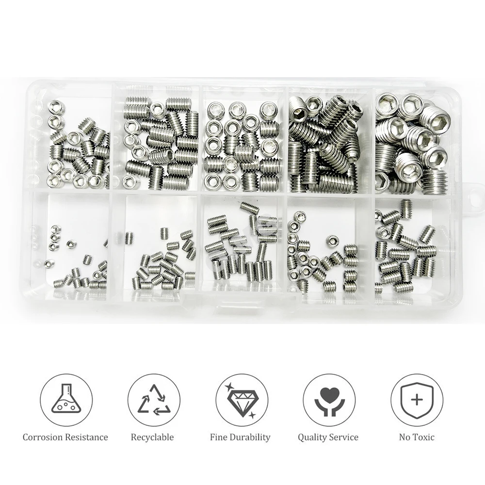 200Pcs Stainless Steel Socket Head Screws Allen Head Socket Hex Drive Grub Screw M3 M4 M5 M6 M8 Cup-Point Grub Screws